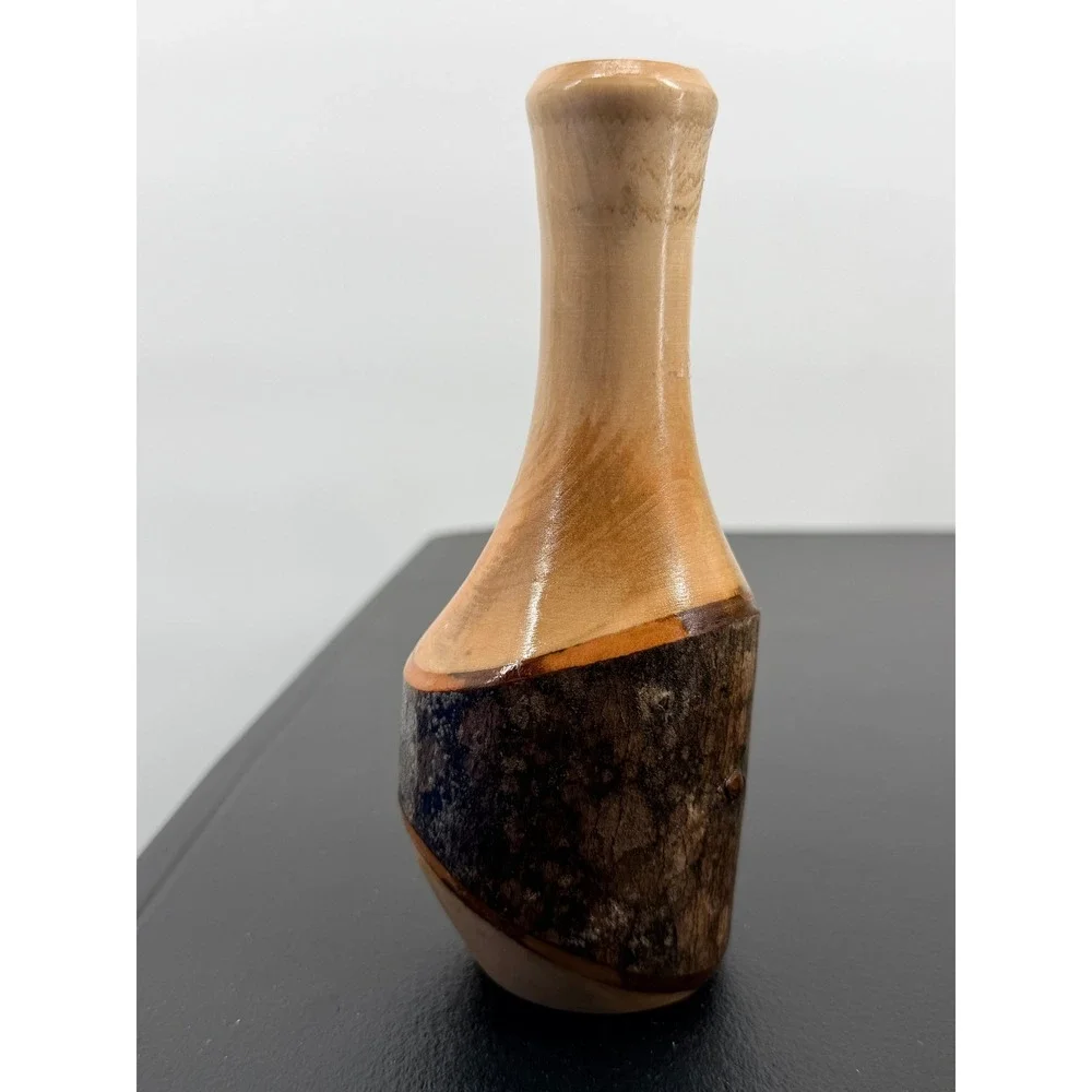 B. W. Jones Signed Live Edge Wood Bud Vase Natural Bark Artisan Decor 6.5in